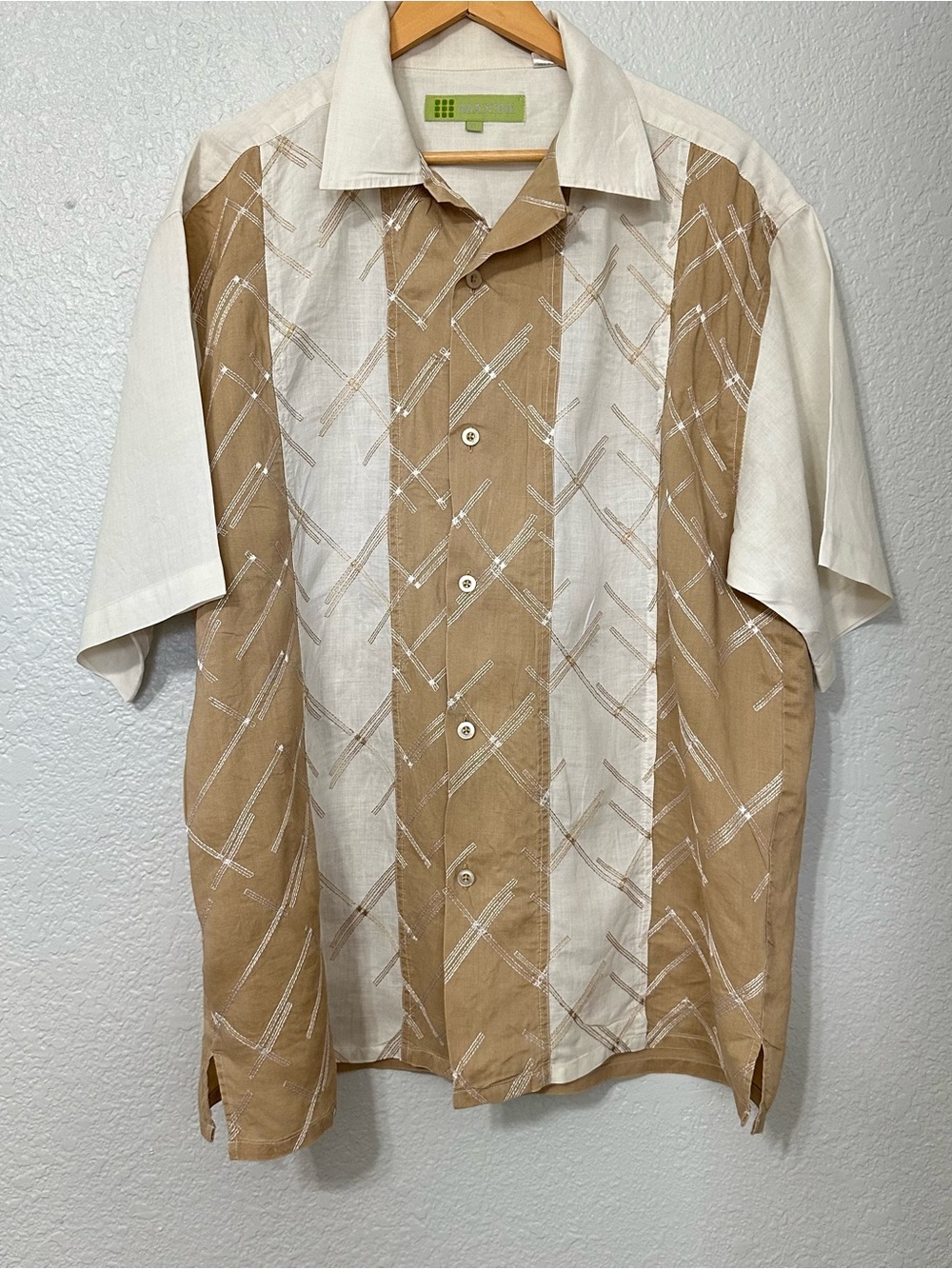 Vintage Maxini Collezione 100% Linen Shirt Men's XL Embroidered Panel Camp Shirt
